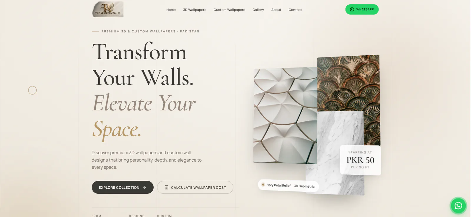 The Aesthetic Walls homepage hero — “Transform Your Walls. Elevate Your Space.” beside 3D wallpaper samples