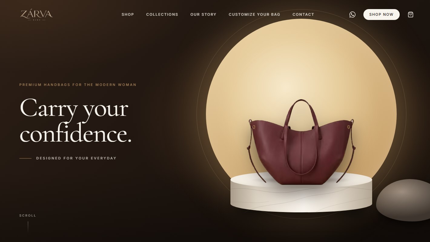 Zarva Collection homepage hero showing a burgundy leather tote on a marble plinth